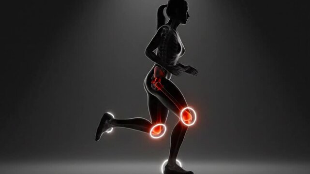 Silhouette runner with highlighted joints and bones against a dark gray background image
