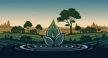 Vibrant illustration of a stylized water drop with leaves, symbolizing purity and growth, set against a serene rural landscape featuring farmhouses, rolling fields, and trees under a gradient sky
