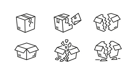 Set of six line art icons depicting broken cardboard boxes in various states of damage, symbolizing delivery issues, damaged goods, or shipping problems, presented on a clean white background for