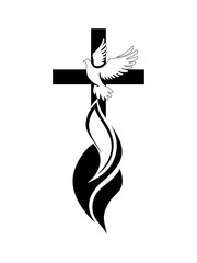 A symbolic Christian logo featuring a cross, a dove, and an open Bible. The dove rises like a flame from the scriptures, representing the Holy Spirit and the light of God’s word. This minimalist black