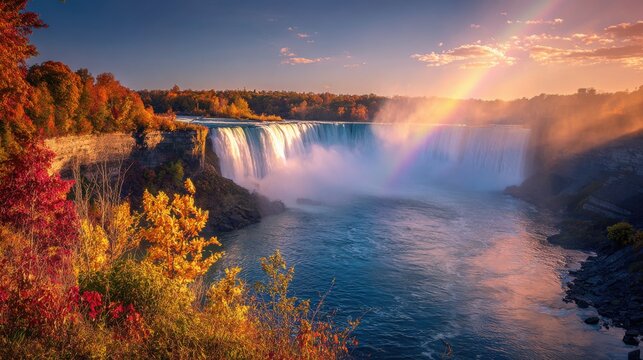 a breathtaking view of the horseshoe falls in ny, with vibrant autumn foliage and rainbow colors reflecting off its misty water spray