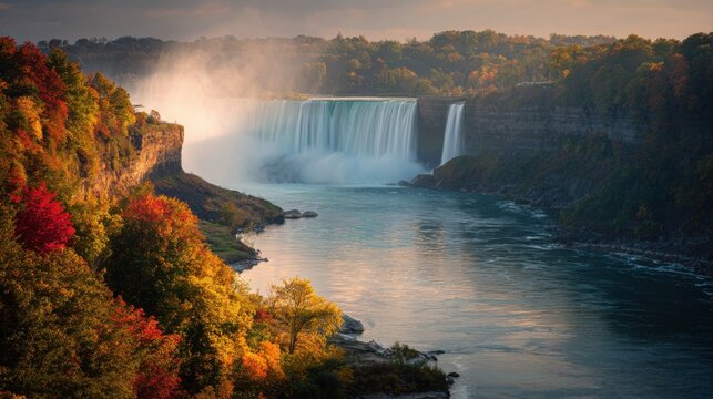 a breathtaking view of the horseshoe falls in ny, with vibrant autumn foliage and rainbow colors reflecting off its misty water spray
