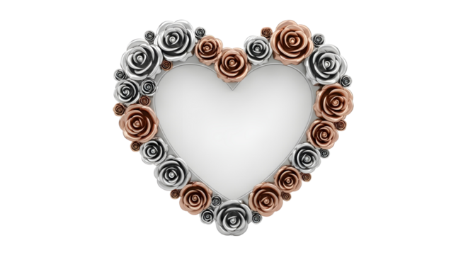 Floral heart shaped frame made of silver and bronze roses isolated PNG with Transparent Background