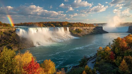 a breathtaking view of the horseshoe falls in ny, with vibrant autumn foliage and rainbow colors reflecting off its misty water spray
