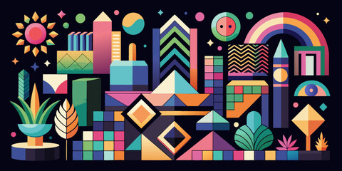 Seamless vector pattern of a colorful abstract floral background with vintage geometric Christmas tree and star ornament design