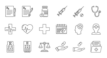 Collection of thin line icons representing medical and healthcare concepts, including prescriptions, pills, syringes, stethoscopes, heart rate, eye charts, and medical professionals, perfect for web