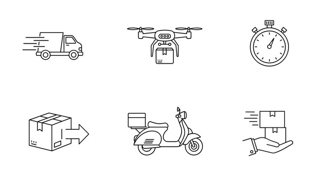 Collection of six outline icons representing fast delivery services, including a moving truck, a drone carrying a package, a stopwatch, a box with an arrow, a scooter, and a hand holding stacked