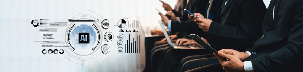 Business professionals engage with technology in a modern office, reflecting teamwork and data analysis in a dynamic environment focused on innovation and productivity. Trope