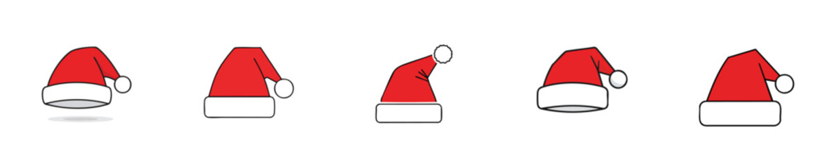 Santa Hat Icon Set Flat Design Vector Outline Collection