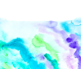 Real Hand Drawn Watercolor Blue, Green and Violet Wet Spots Background