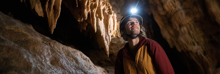 An adventurer explores breathtaking cave formations while illuminating the intricate details with a headlamp, showcasing the wonder of underground landscapes.