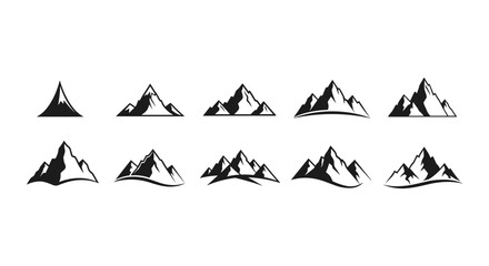 Collection of stylized black mountain silhouettes, featuring minimalist landscape symbols perfect for hiking, travel, and outdoor adventure logos and design elements. This vector set includes various