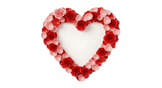 Heart shape made of roses and rose petals isolated PNG with Transparent Background