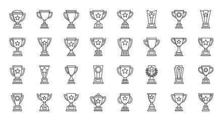 Collection of outline icons representing various winning cups and trophies, perfect for infographics, articles, books, flyers, and banners, symbolizing achievement and success in a vector cartoon