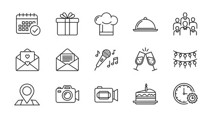 Event planning line icon set, including calendar with checkmark, gift box, chef hat, food cloche, group of people, love letter, open envelope, microphone with musical notes, champagne glasses, string