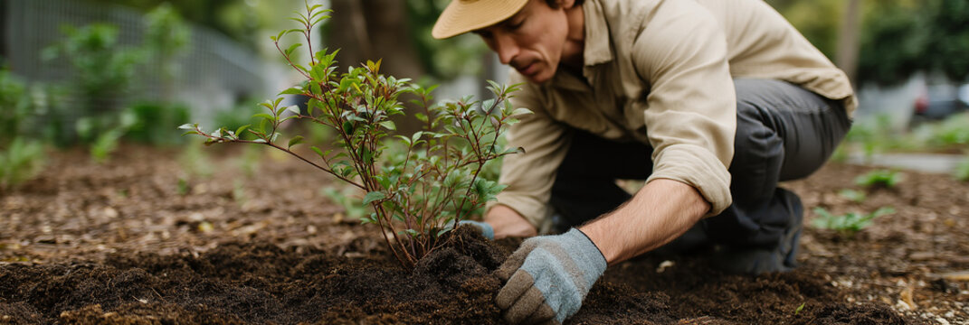 A dedicated gardener kneels to plant a new shrub in rich, dark soil, surrounded by nature, showcasing commitment to growth, beauty, and sustainability in an outdoor garden setting.