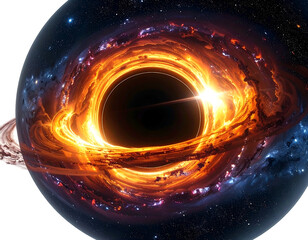 A cosmic scene featuring a black hole surrounded by swirling, bright orange and blue nebula