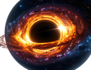 A cosmic scene featuring a black hole surrounded by swirling, bright orange and blue nebula