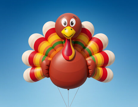 Festive turkey parade balloon isolated against a blue sky with copy space