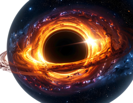A cosmic scene featuring a black hole surrounded by swirling, bright orange and blue nebula