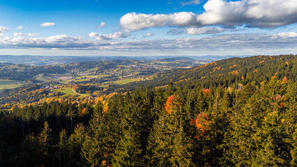 Aerial view of Straubing Bogen district in Bavaria with colorful autumn forests hills and mountain scenery in southern Germany