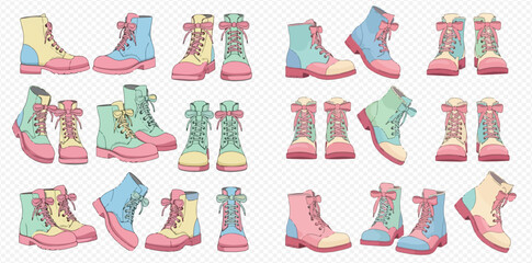 Collection of colorful cartoon boots with pastel two-tone designs and pink laces, displayed from multiple angles on a transparent background.