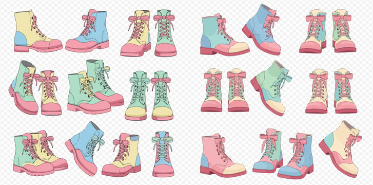 Collection of colorful cartoon boots with pastel two-tone designs and pink laces, displayed from multiple angles on a transparent background.