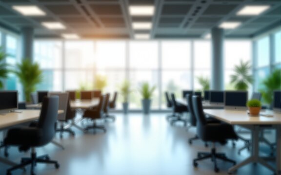 Blurred office interior background. Empty light open space office with big windows, many glasses walls, desks, chairs and green plants. Modern indoor business environment. High quality