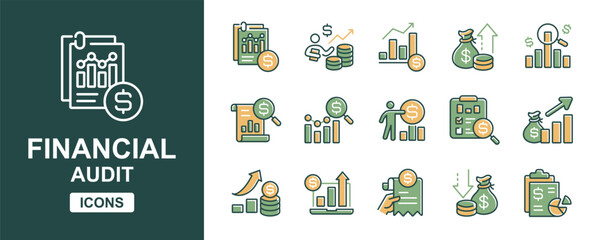 Accounting audit icon line set. Financial report inspection profit invoice review, earning analysis magnifier, business success management auditor signs vector illustration