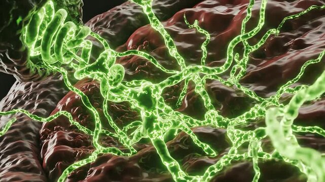 DNA inside a virus hijacking a cell, glowing strands flooding the host with alien patterns