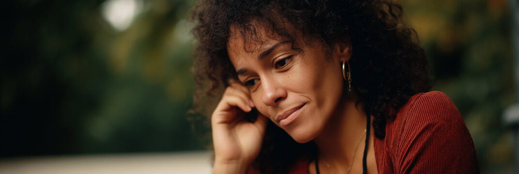 A contemplative woman sitting in a natural outdoor setting, showcasing emotions of reflection, thoughtfulness, and introspection with a serene backdrop.