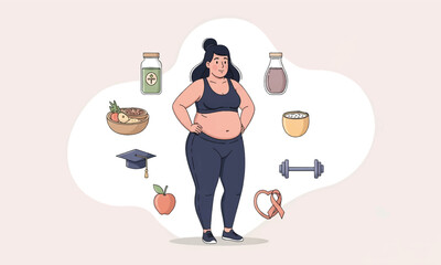 Illustration of a plus-size woman in sportswear surrounded by various health and wellness choices.