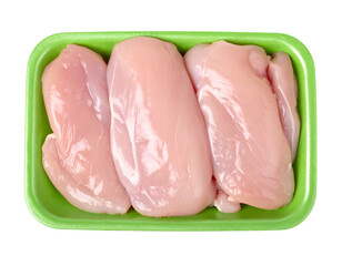 Raw chicken breasts in a green foam tray, packaged for retail sale, offering fresh poultry meat for cooking