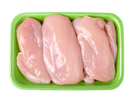 Raw chicken breasts in a green foam tray, packaged for retail sale, offering fresh poultry meat for cooking - Powered by Adobe