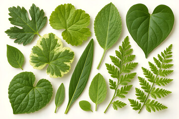 Fresh green leaves in various shapes and sizes, showcasing beauty of nature diversity. arrangement includes heart shaped, fern like, and broad leaves, creating vibrant display