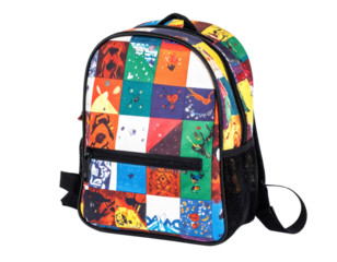 Colorful patchwork backpack featuring abstract art patterns, a fun school accessory for students and kids