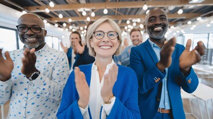 Diverse group of joyful professionals clapping in excitement while attending a conference. Grinning attendees showing their appreciation by applauding a successful presentation
