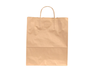 Brown paper shopping bag with handles on white background embodying retail commerce and sustainable packaging