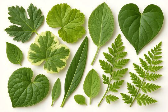 Fresh green leaves in various shapes and sizes, showcasing beauty of nature diversity. arrangement includes heart shaped, fern like, and broad leaves, creating vibrant display - Powered by Adobe