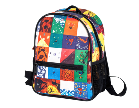 Colorful patchwork backpack featuring abstract art patterns, a fun school accessory for students and kids
