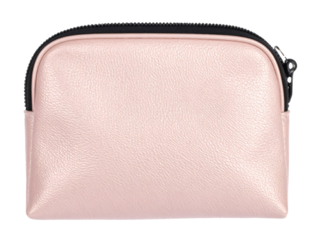 Pink leather zippered pouch for cosmetics and small accessories, flat lay studio shot on white background