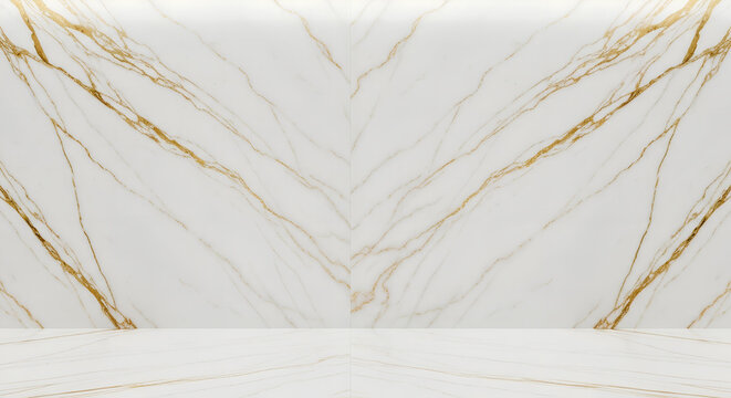 Luxurious marble wall featuring elegant white and gold veining, perfect for upscale interior design. This stunning surface adds sophistication and style to any space