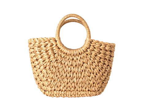 Stylish straw handbag with round handles on white background, perfect summer fashion accessory
