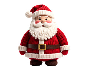 A cute, knitted Santa Claus figure stands against a black background, smiling warmly