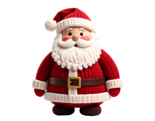 A cute, knitted Santa Claus figure stands against a black background, smiling warmly