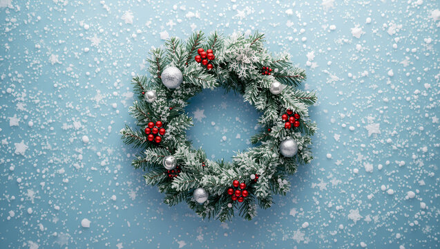 Festive Christmas wreath adorned with red berries and silver ornaments, set against light blue background with falling snowflakes, evokes joyful holiday spirit
