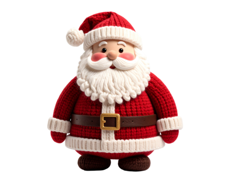A cute, knitted Santa Claus figure stands against a black background, smiling warmly