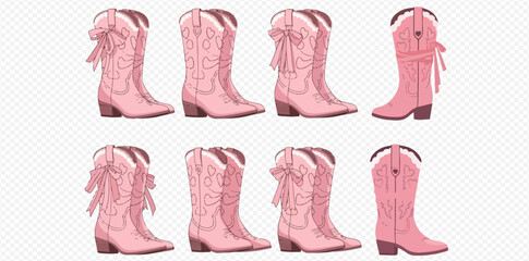 Collection of various pink cowboy boots with different designs and bows, showcasing western fashion footwear.
