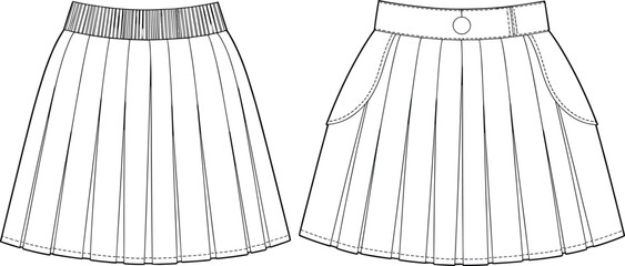 Fashion sketch of pleated skirts, technical drawing, elastic waistband, button closure, side pockets, garment design, apparel illustration, sewing pattern, clothing concept, textile art