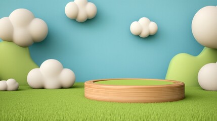3D Rendered Display Platform with Clouds and Hills for Product Showcase